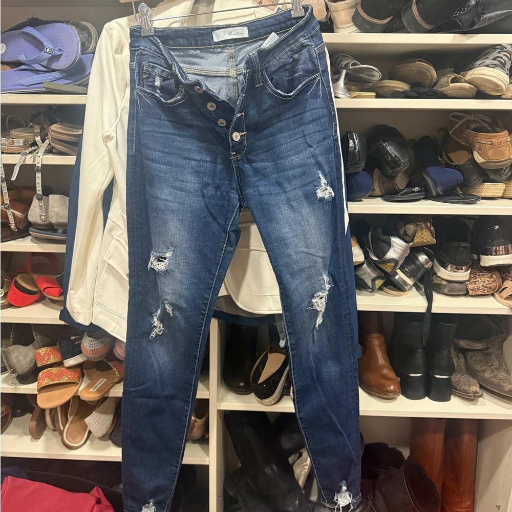 KanCan Dark Blue Distressed Button-Fly Skinny Jeans